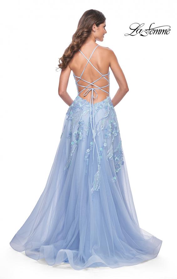 La Femme 32032 prom dress images. La Femme 32032 is available in these colors: Champagne, Cloud Blue, Lavender.