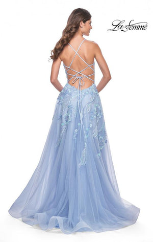 La Femme 32032 prom dress images.  La Femme 32032 is available in these colors: Champagne, Cloud Blue, Lavender.