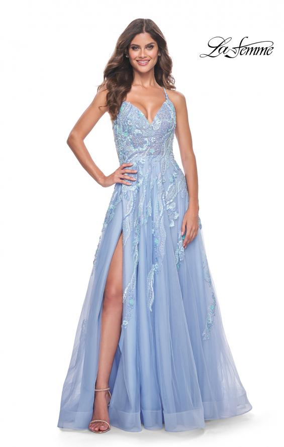 La Femme 32032 prom dress images. La Femme 32032 is available in these colors: Champagne, Cloud Blue, Lavender.