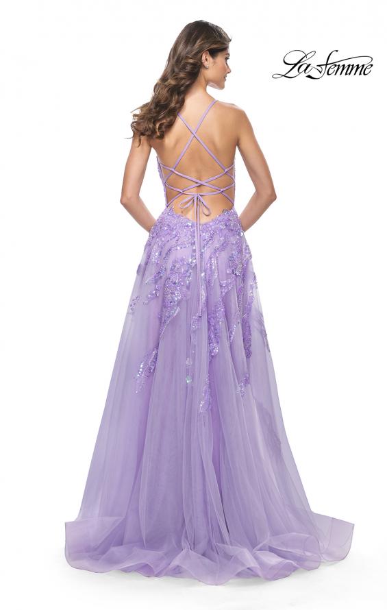 La Femme 32032 prom dress images. La Femme 32032 is available in these colors: Champagne, Cloud Blue, Lavender.