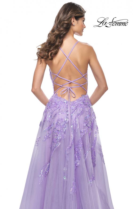 La Femme 32032 prom dress images. La Femme 32032 is available in these colors: Champagne, Cloud Blue, Lavender.