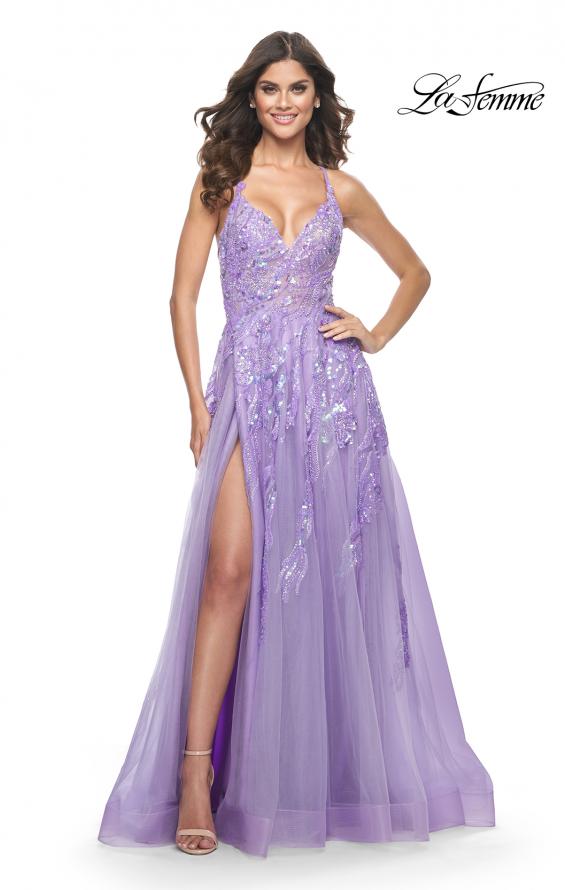 La Femme 32032 prom dress images. La Femme 32032 is available in these colors: Champagne, Cloud Blue, Lavender.