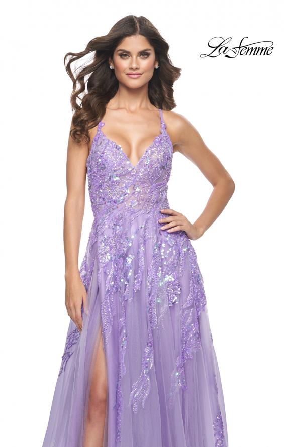 La Femme 32032 prom dress images. La Femme 32032 is available in these colors: Champagne, Cloud Blue, Lavender.