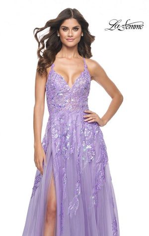 La Femme 32032 prom dress images.  La Femme 32032 is available in these colors: Champagne, Cloud Blue, Lavender.