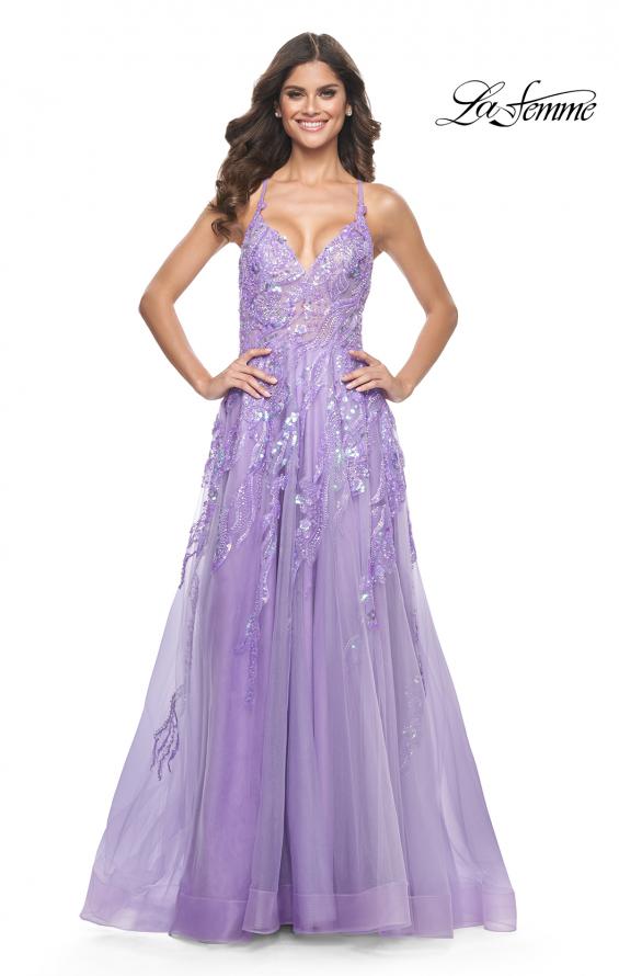 La Femme 32032 prom dress images. La Femme 32032 is available in these colors: Champagne, Cloud Blue, Lavender.