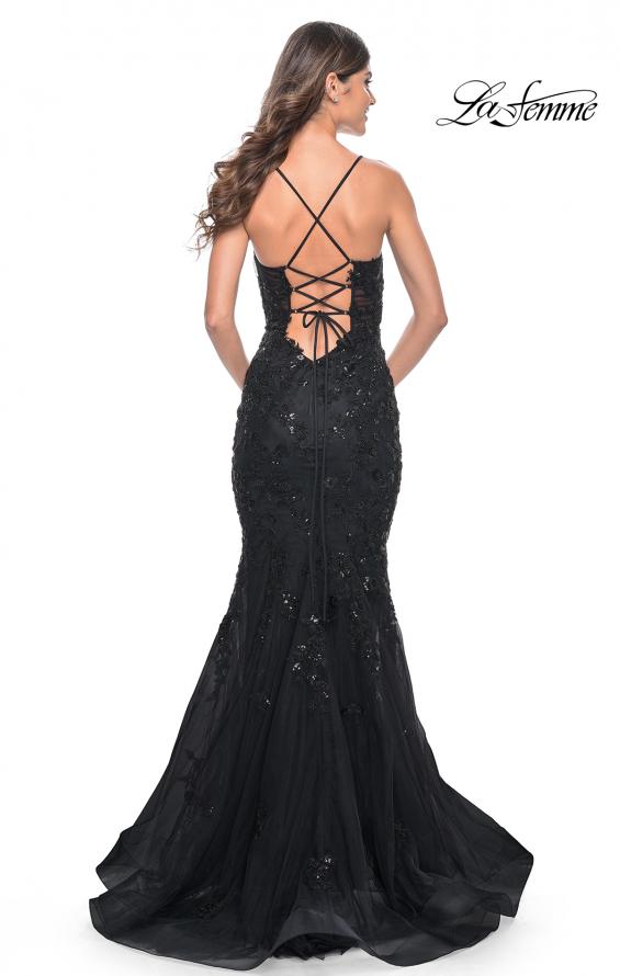 La Femme 32033 prom dress images. La Femme 32033 is available in these colors: Black, Dark Berry, Dark Emerald.