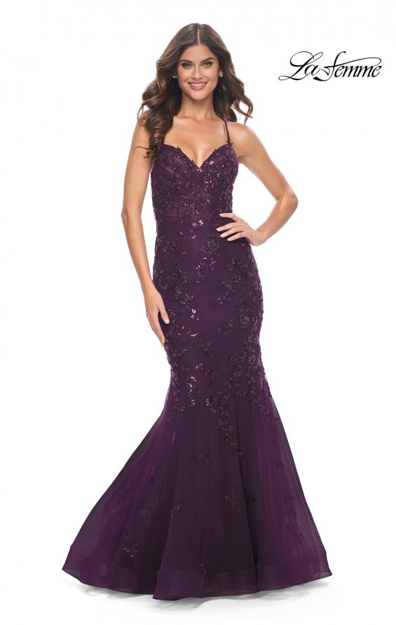 La Femme 32033 prom dress images. La Femme 32033 is available in these colors: Black, Dark Berry, Dark Emerald.