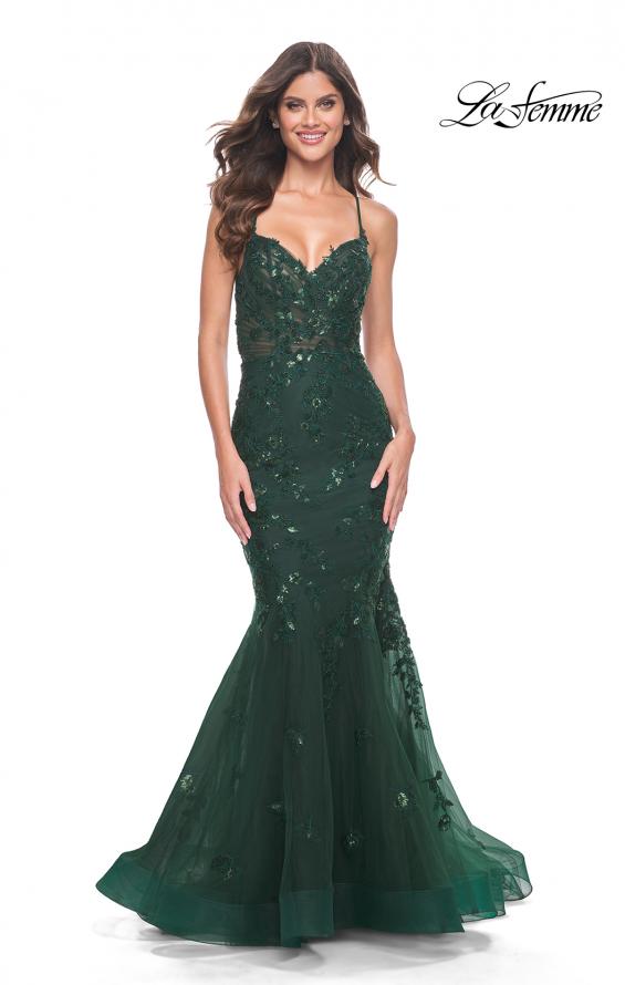 La Femme 32033 prom dress images. La Femme 32033 is available in these colors: Black, Dark Berry, Dark Emerald.
