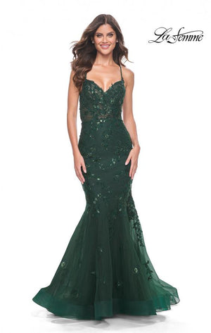 La Femme 32033 prom dress images.  La Femme 32033 is available in these colors: Black, Dark Berry, Dark Emerald.