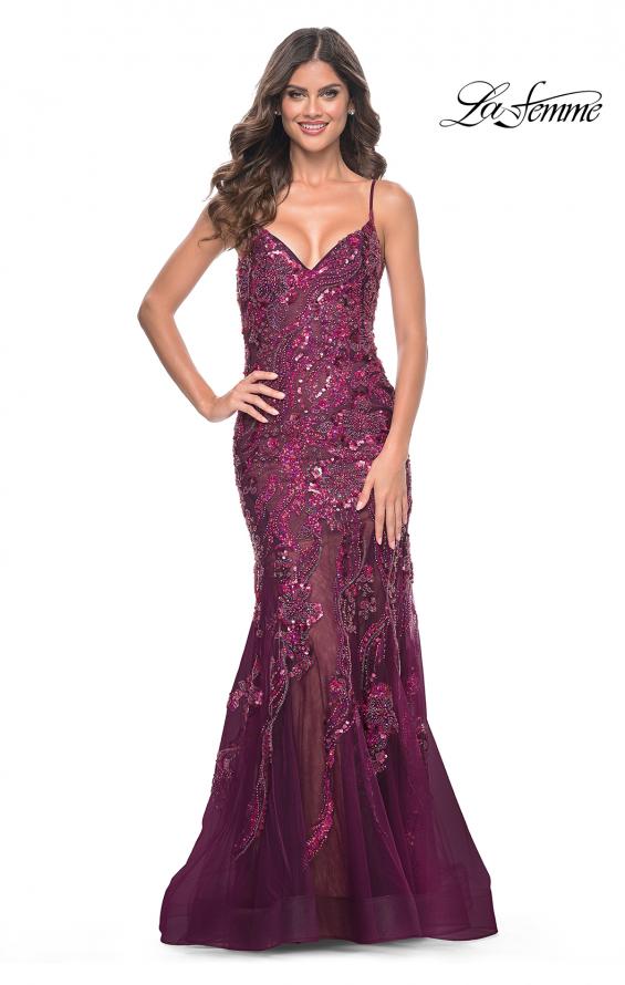 La Femme 32049 prom dress images. La Femme 32049 is available in these colors: Dark Berry, Emerald, Navy.