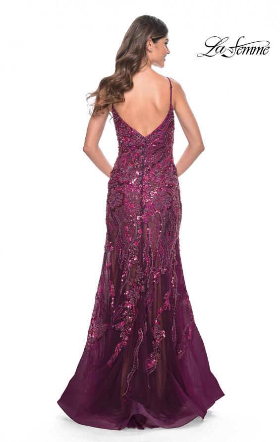 La Femme 32049 prom dress images. La Femme 32049 is available in these colors: Dark Berry, Emerald, Navy.