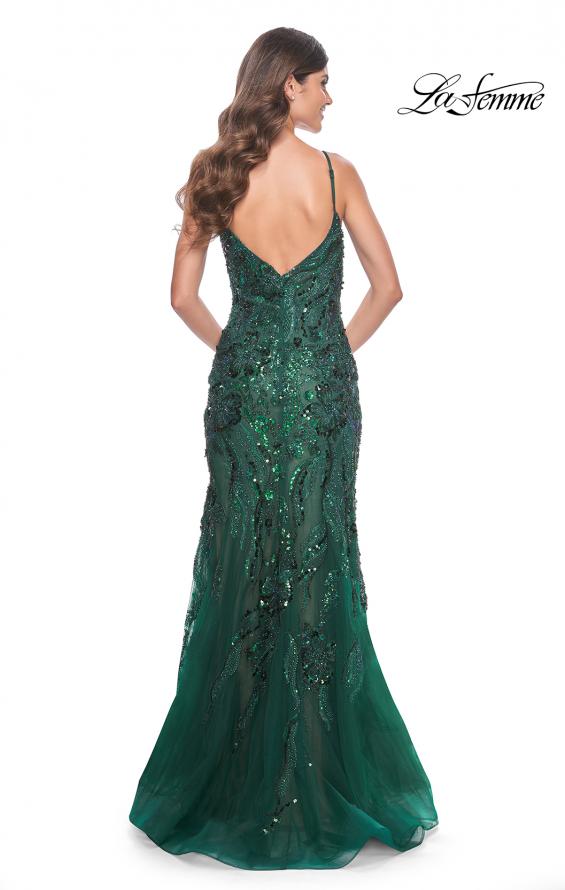 La Femme 32049 prom dress images. La Femme 32049 is available in these colors: Dark Berry, Emerald, Navy.