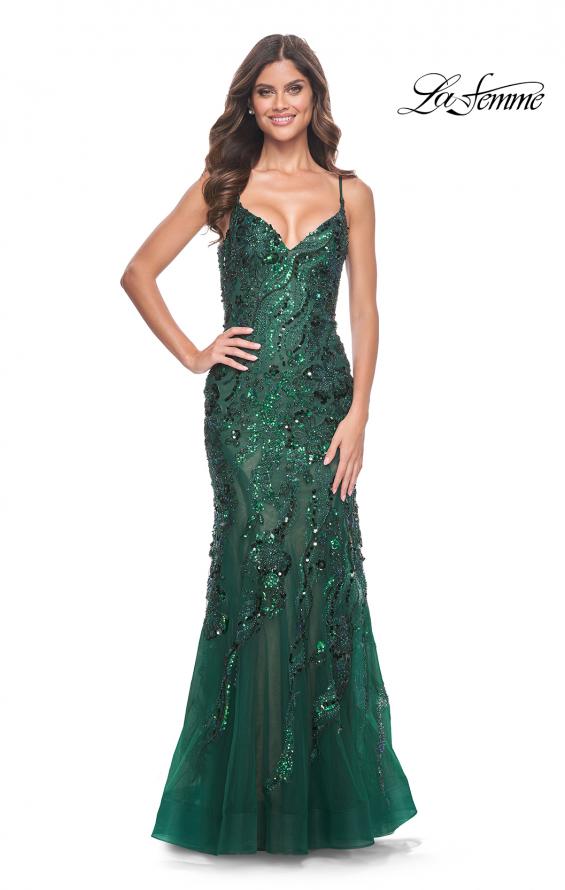 La Femme 32049 prom dress images. La Femme 32049 is available in these colors: Dark Berry, Emerald, Navy.