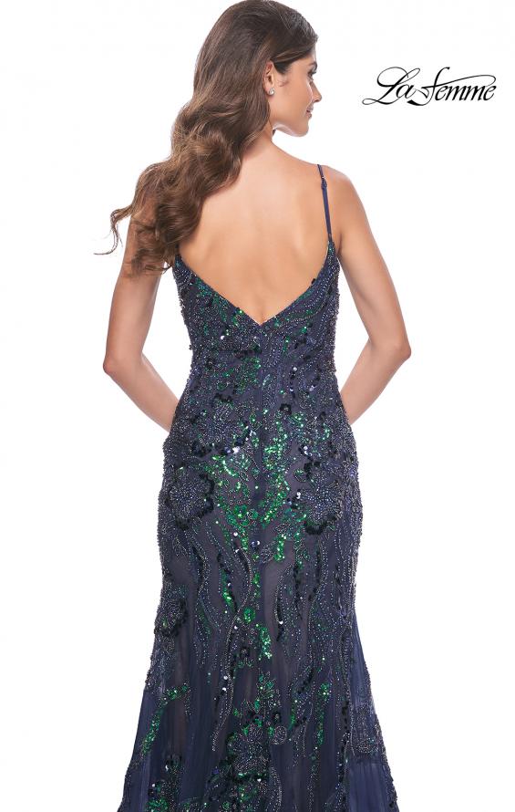 La Femme 32049 prom dress images. La Femme 32049 is available in these colors: Dark Berry, Emerald, Navy.