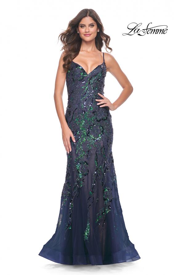 La Femme 32049 prom dress images. La Femme 32049 is available in these colors: Dark Berry, Emerald, Navy.