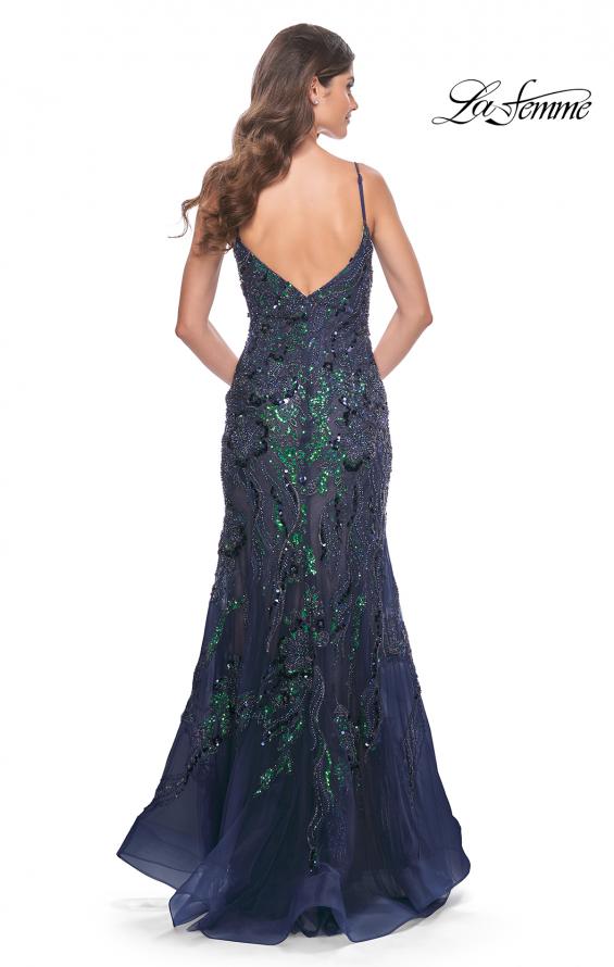 La Femme 32049 prom dress images. La Femme 32049 is available in these colors: Dark Berry, Emerald, Navy.