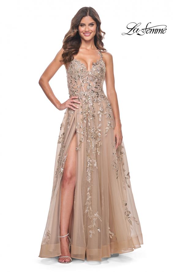 La Femme 32052 prom dress images. La Femme 32052 is available in these colors: Nude.