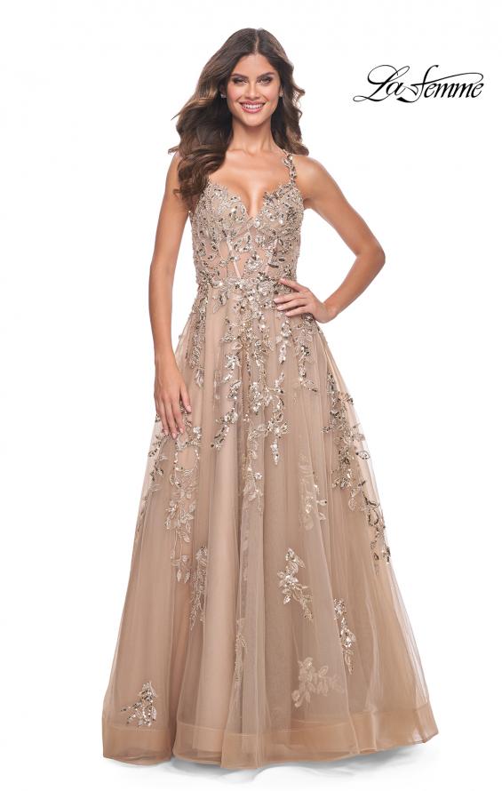 La Femme 32052 prom dress images. La Femme 32052 is available in these colors: Nude.