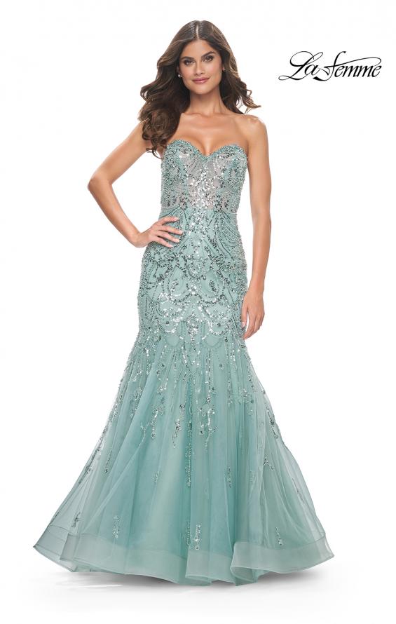 La Femme 32053 prom dress images. La Femme 32053 is available in these colors: Sage.