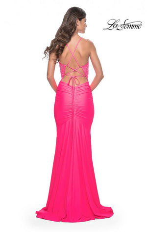 La Femme 32054 prom dress images.  La Femme 32054 is available in these colors: Cloud Blue, Neon Pink, Periwinkle.