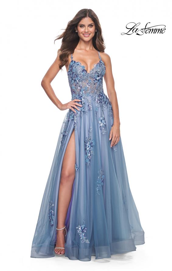 La Femme 32057 prom dress images. La Femme 32057 is available in these colors: Slate Blue.