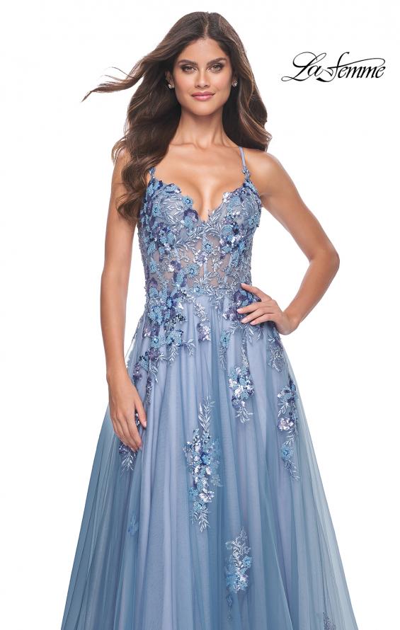 La Femme 32057 prom dress images. La Femme 32057 is available in these colors: Slate Blue.