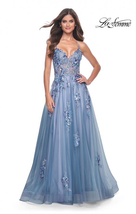 La Femme 32057 prom dress images. La Femme 32057 is available in these colors: Slate Blue.