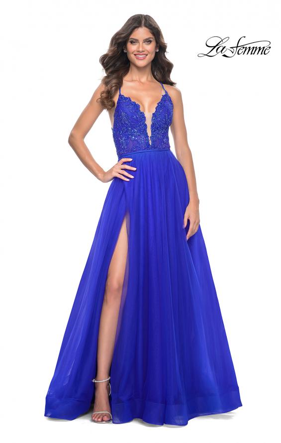 La Femme 32059 prom dress images. La Femme 32059 is available in these colors: Hot Fuchsia, Royal Blue.