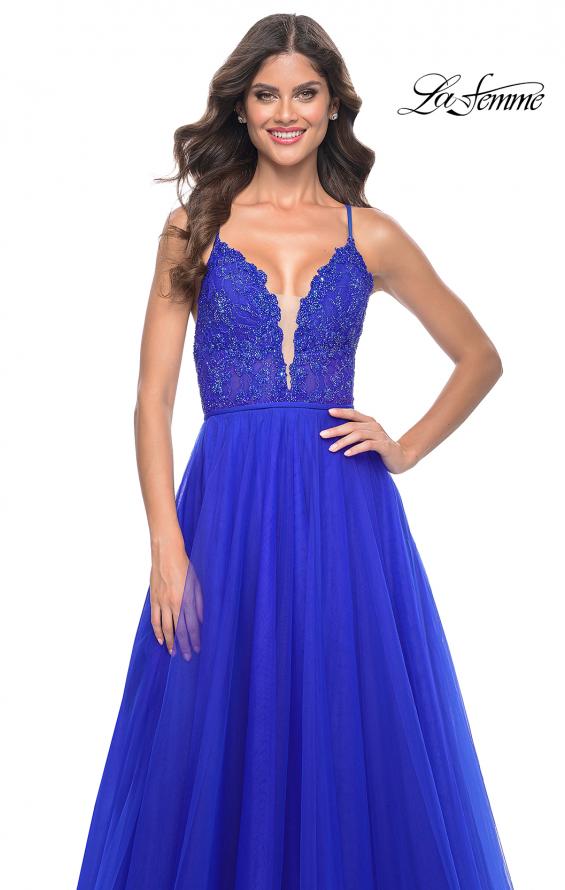 La Femme 32059 prom dress images. La Femme 32059 is available in these colors: Hot Fuchsia, Royal Blue.