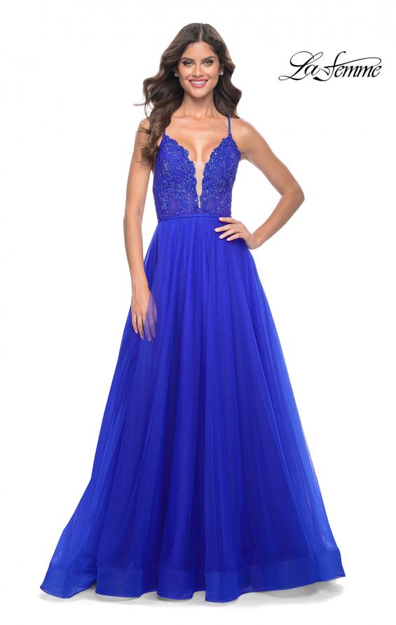 La Femme 32059 prom dress images. La Femme 32059 is available in these colors: Hot Fuchsia, Royal Blue.