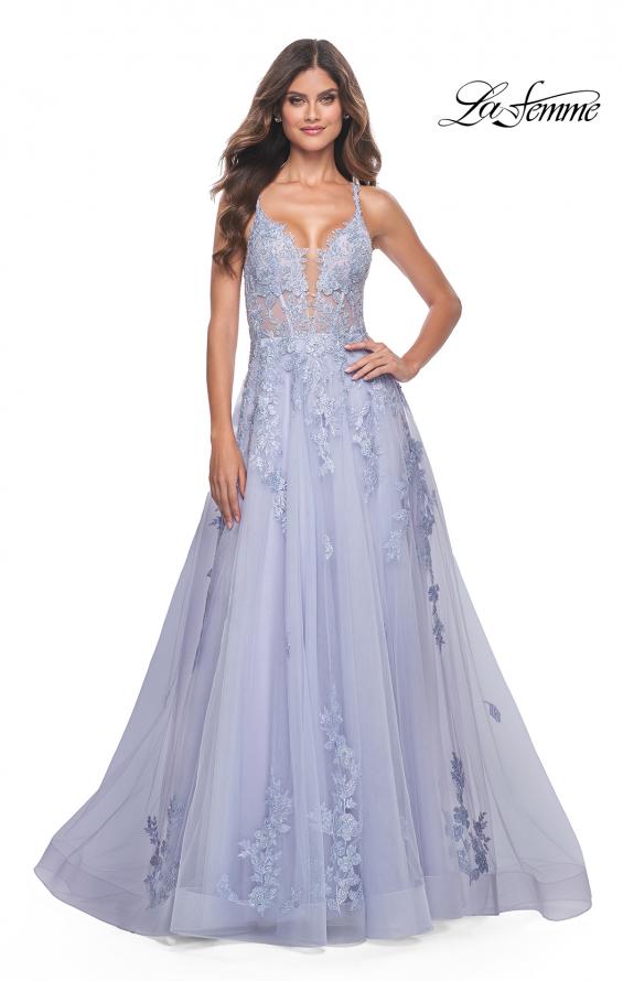 La Femme 32062 prom dress images. La Femme 32062 is available in these colors: Light Periwinkle, Strawberry, Teal.