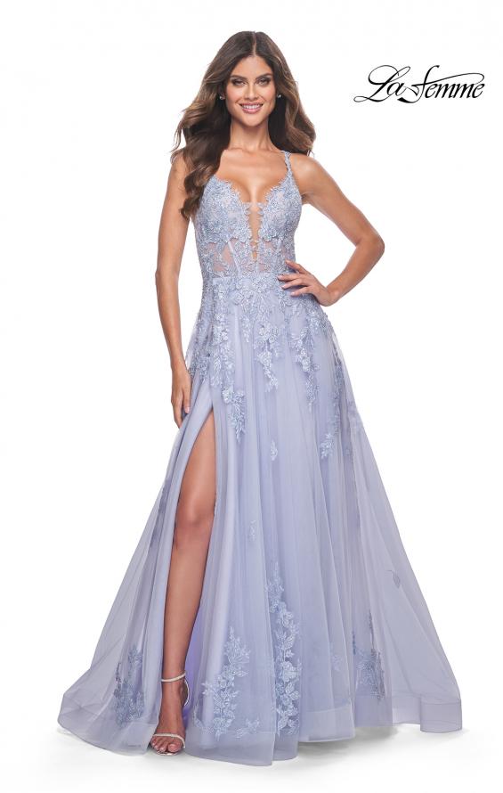 La Femme 32062 prom dress images. La Femme 32062 is available in these colors: Light Periwinkle, Strawberry, Teal.