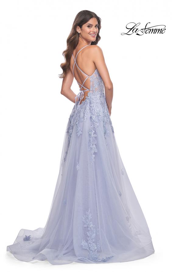La Femme 32062 prom dress images. La Femme 32062 is available in these colors: Light Periwinkle, Strawberry, Teal.