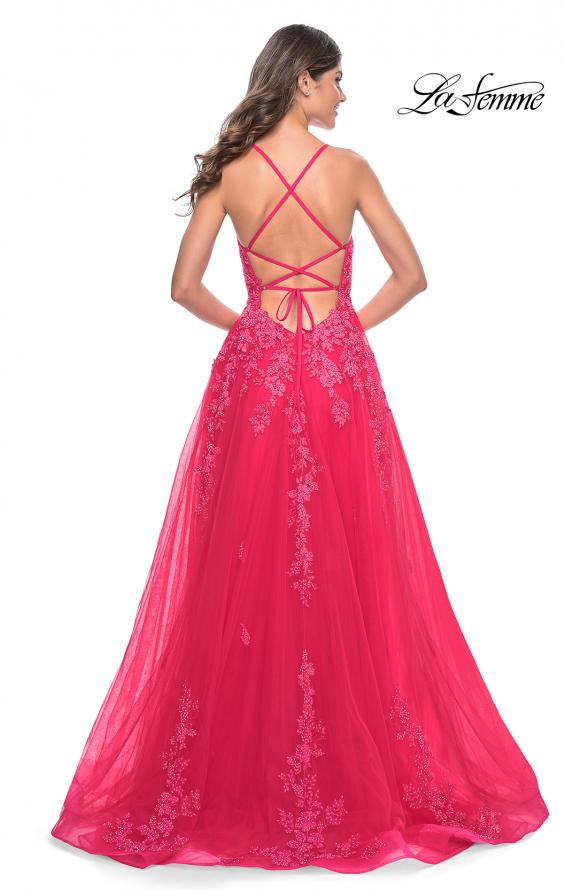 La Femme 32062 prom dress images. La Femme 32062 is available in these colors: Light Periwinkle, Strawberry, Teal.