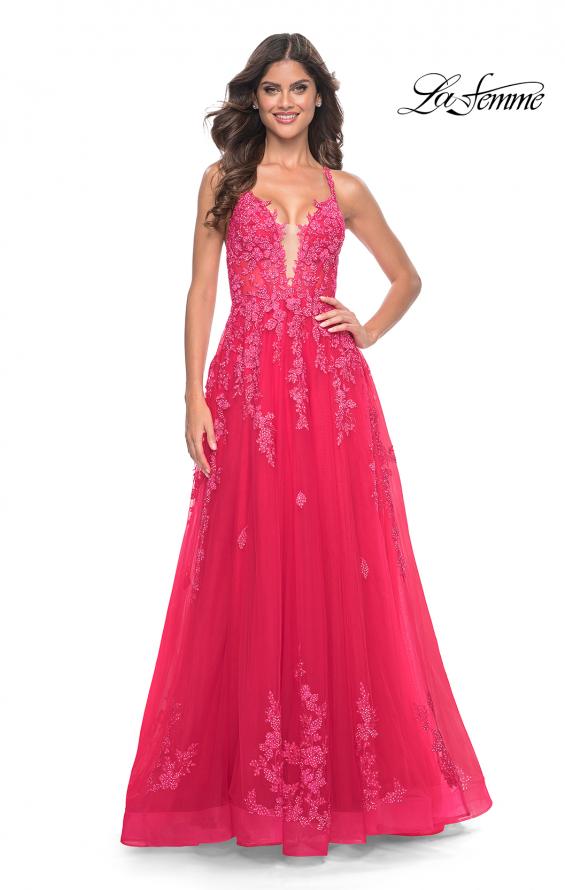La Femme 32062 prom dress images. La Femme 32062 is available in these colors: Light Periwinkle, Strawberry, Teal.