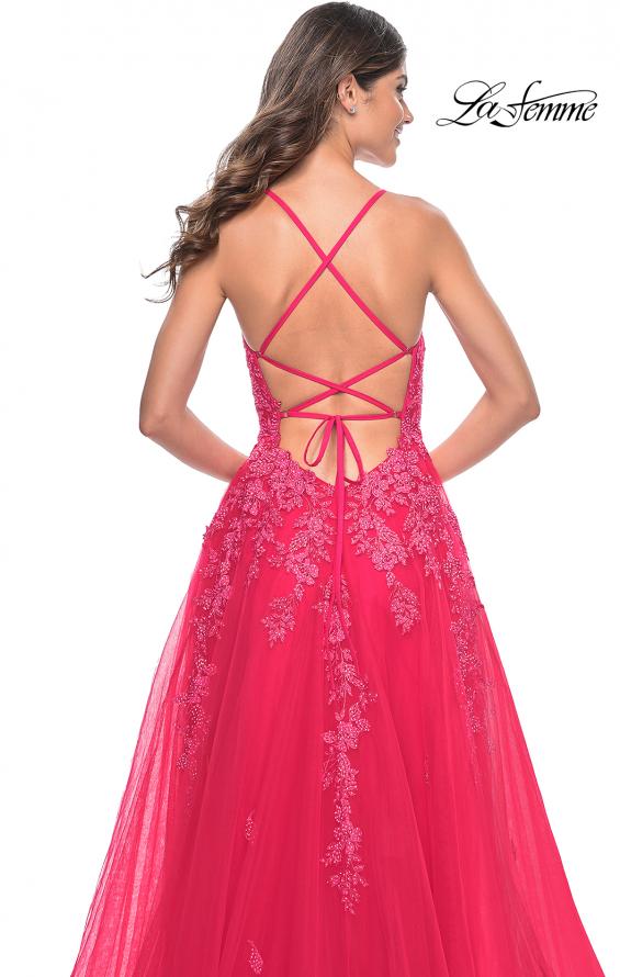 La Femme 32062 prom dress images. La Femme 32062 is available in these colors: Light Periwinkle, Strawberry, Teal.