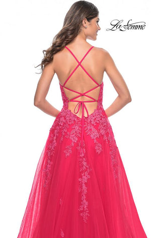 La Femme 32062 prom dress images.  La Femme 32062 is available in these colors: Light Periwinkle, Strawberry, Teal.