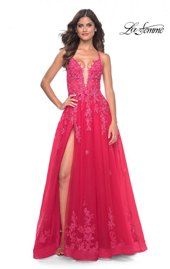 La Femme 32062 prom dress images. La Femme 32062 is available in these colors: Light Periwinkle, Strawberry, Teal.