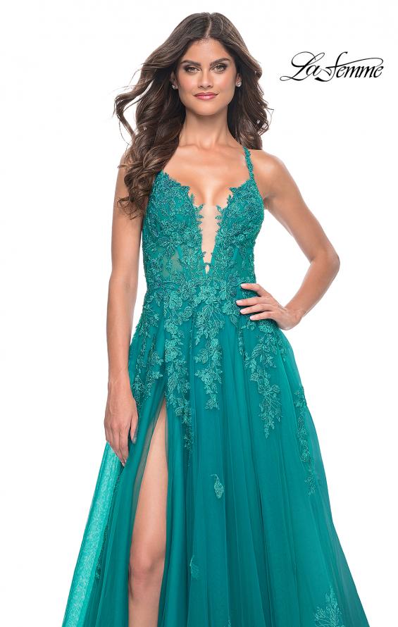 La Femme 32062 prom dress images. La Femme 32062 is available in these colors: Light Periwinkle, Strawberry, Teal.