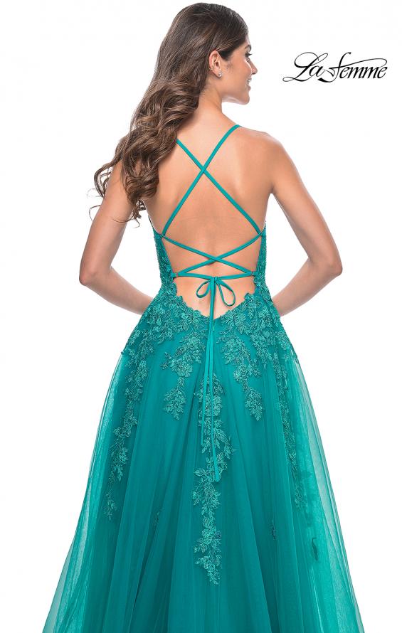 La Femme 32062 prom dress images. La Femme 32062 is available in these colors: Light Periwinkle, Strawberry, Teal.