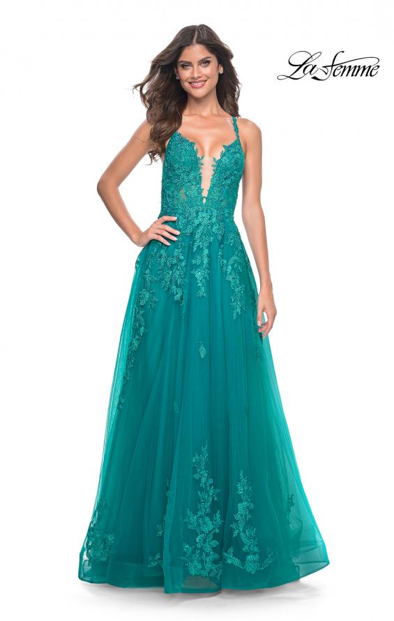 La Femme 32062 prom dress images. La Femme 32062 is available in these colors: Light Periwinkle, Strawberry, Teal.