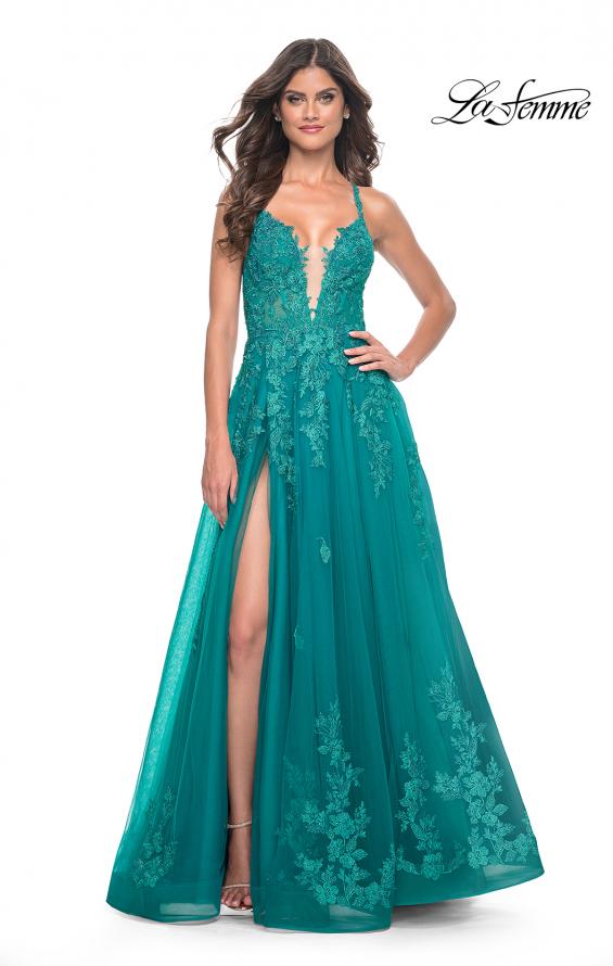 La Femme 32062 prom dress images. La Femme 32062 is available in these colors: Light Periwinkle, Strawberry, Teal.