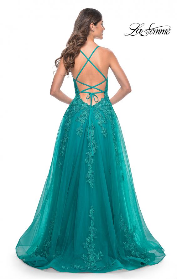 La Femme 32062 prom dress images. La Femme 32062 is available in these colors: Light Periwinkle, Strawberry, Teal.