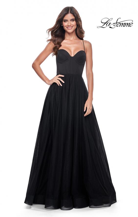 La Femme 32065 prom dress images. La Femme 32065 is available in these colors: Black, Dark Berry, Dark Emerald.