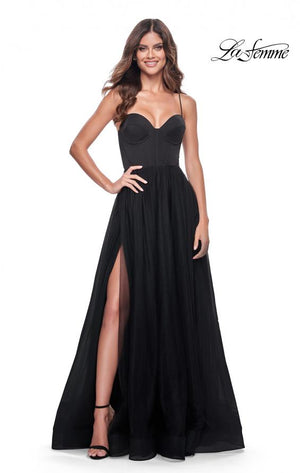 La Femme 32065 prom dress images.  La Femme 32065 is available in these colors: Black, Dark Berry, Dark Emerald.