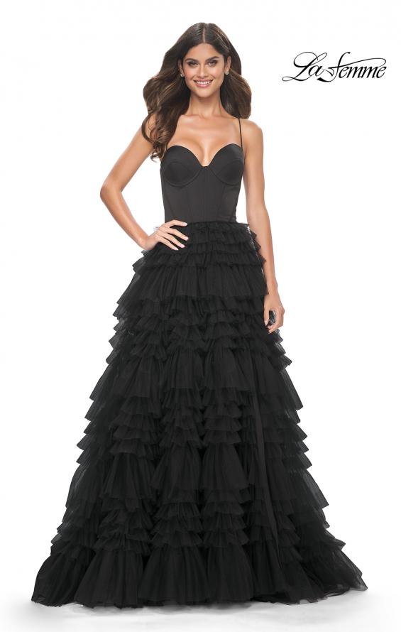La Femme 32071 prom dress images. La Femme 32071 is available in these colors: Black, Dark Berry, Dark Emerald.