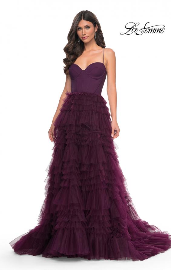 La Femme 32071 prom dress images. La Femme 32071 is available in these colors: Black, Dark Berry, Dark Emerald.