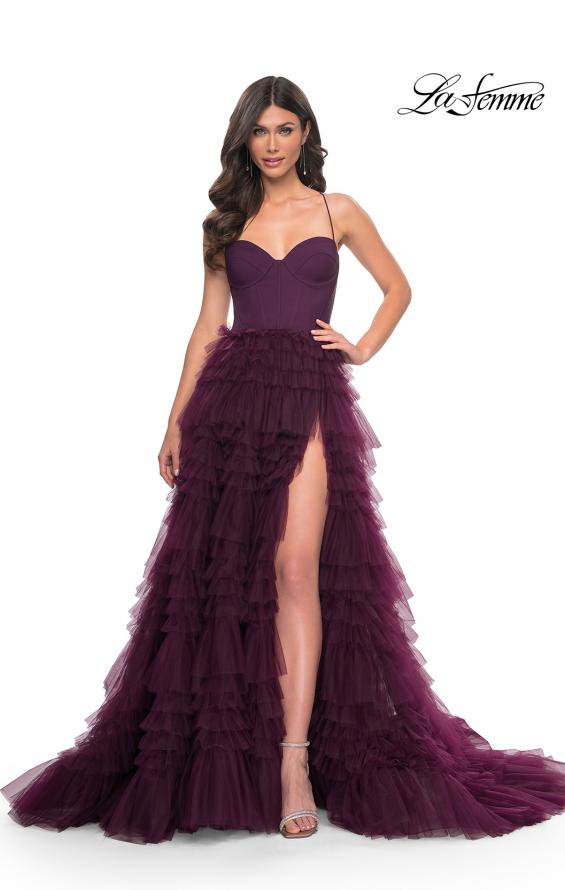 La Femme 32071 prom dress images. La Femme 32071 is available in these colors: Black, Dark Berry, Dark Emerald.