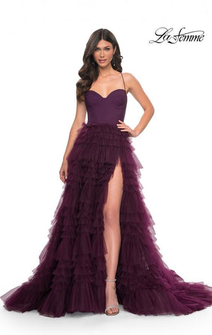La Femme 32071 prom dress images.  La Femme 32071 is available in these colors: Black, Dark Berry, Dark Emerald.