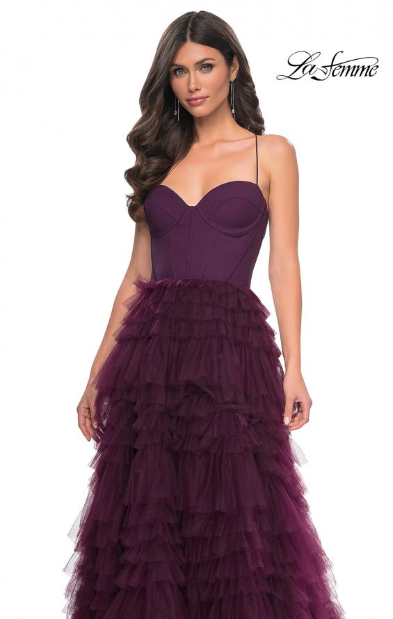 La Femme 32071 prom dress images. La Femme 32071 is available in these colors: Black, Dark Berry, Dark Emerald.